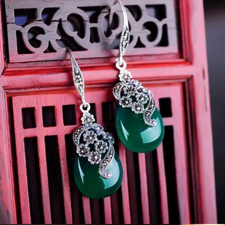 Retro Jewelry Thai 925 Silver with Marcasite Green Agate Earrings(LR1036GREEN)
