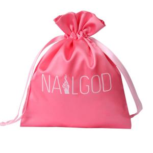 China Small Pink Satin Drawstring Bags With Logo Screen Printed factory