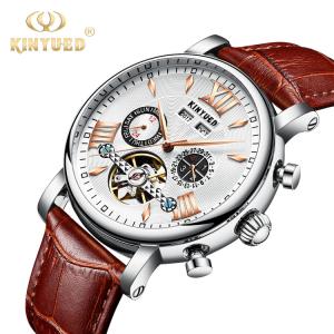 China KINYUED J017-4 Gold Case Black Dial Leather Strap Complete Calendar Skeleton Waterproof Wristwatches montre homme factory