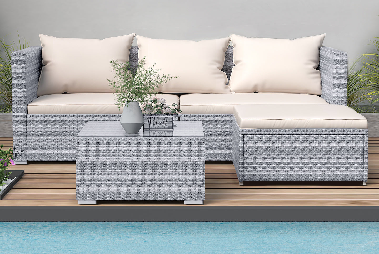 AJUNION Wicker Rattan Garden Sofa Outdoor Lounge Set 4 Piece with Y Mail Packing