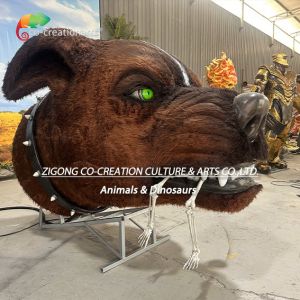 China Animatronic Skeletal Dog Head Statue: Smoke-Spraying Mechanism & Glowing Green Eye Display on sale