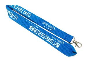 China Blue Custom Polyester Lanyard Name Badge Lanyard White Logo Metal Hook For Event factory