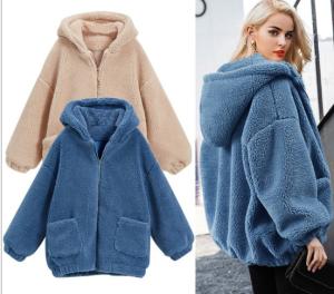 China Womens Autumn Winter DTM Hooded Open Front Lamb Wool Coat factory