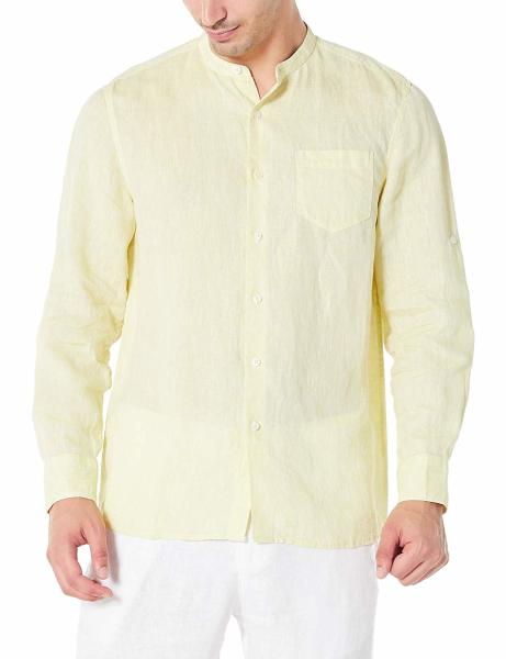 Goose Yellow Chambray Spring Button Up Shirts Yarn Dyed Mens Linen Band Collar