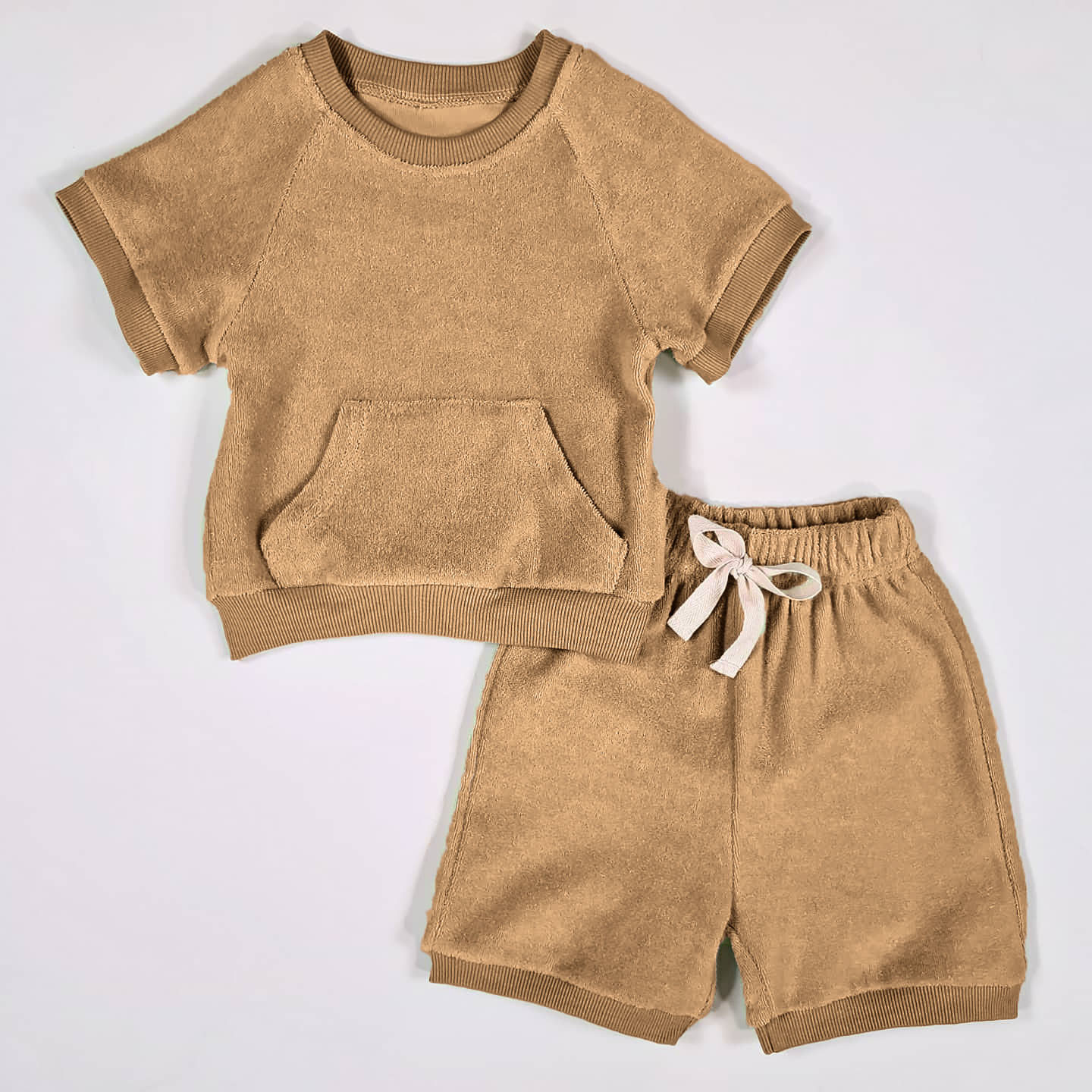 Custom Neutral Kids Terry Towel Fabric Tee Shirts & Shorts Set Toddlers Casual Daily Wear Beach Wear Summer Two Pieces