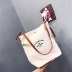 Supermarket Custom Logo Cotton Canvas Tote Shoulder Bags with Brown Leather