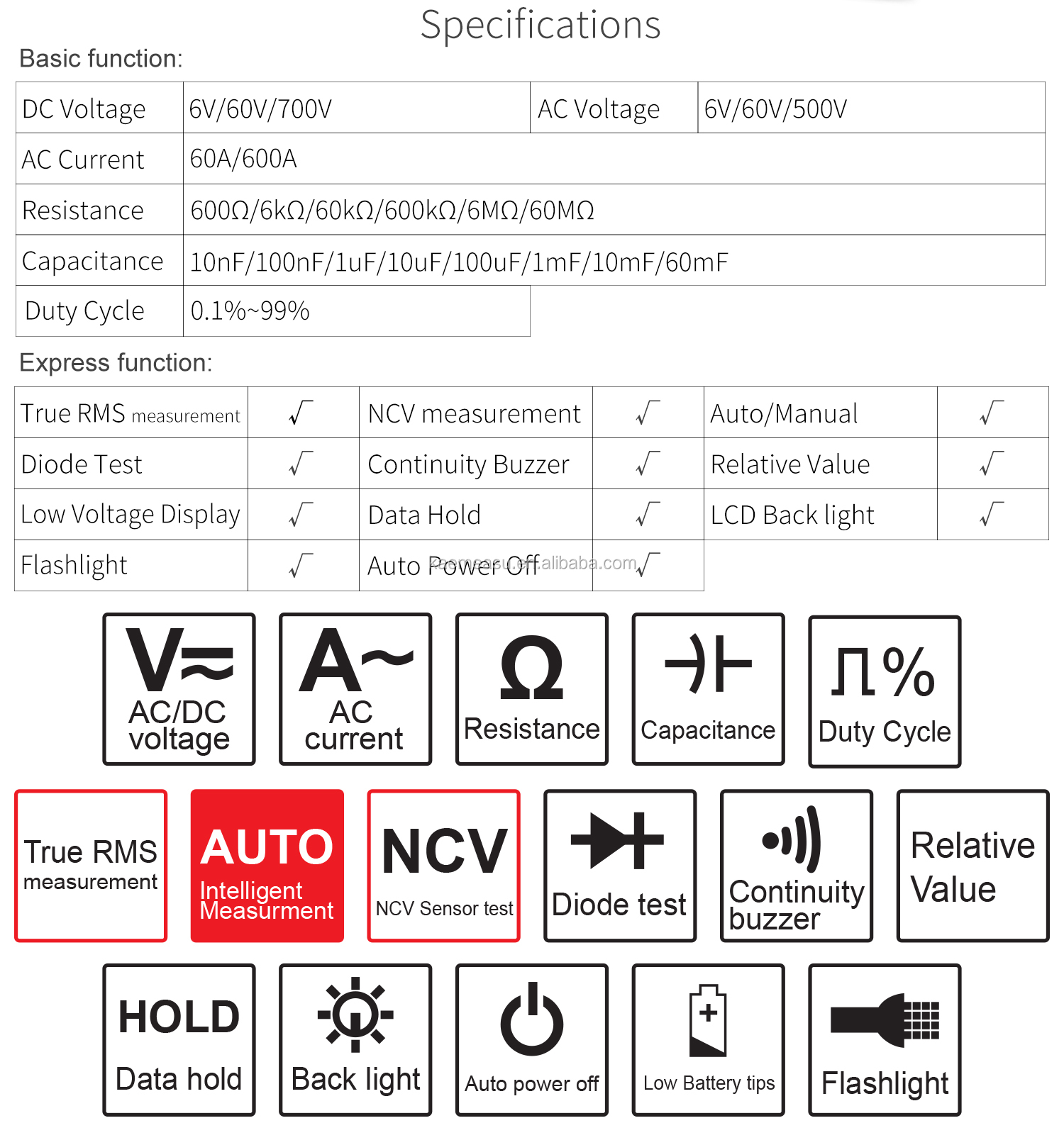 NCV Function Digital Digital Multimeter Clamp Meter with 60A/600A Measuring Current Range