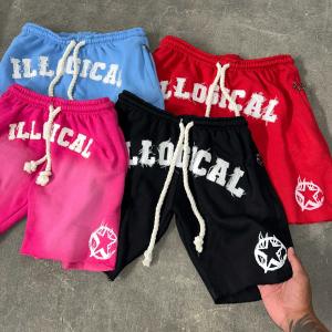 China Custom Mens Streetwear Thick Drawstring Vintage Applique Sweat Short Cut Edge Acid Wash factory