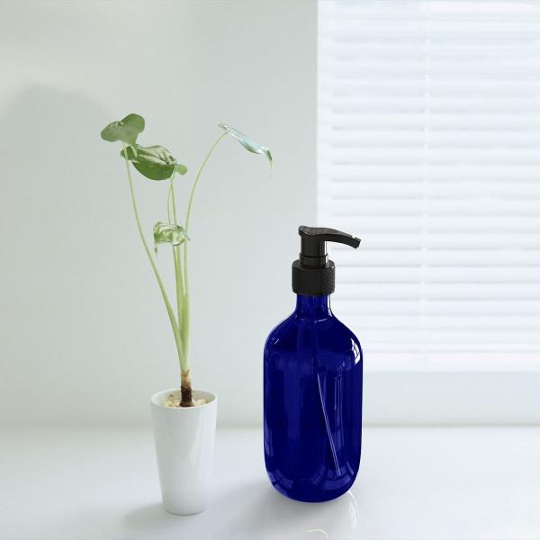 300ml Plastic Blue cylindrical smooth Bottle with black pump for shampoo lotion