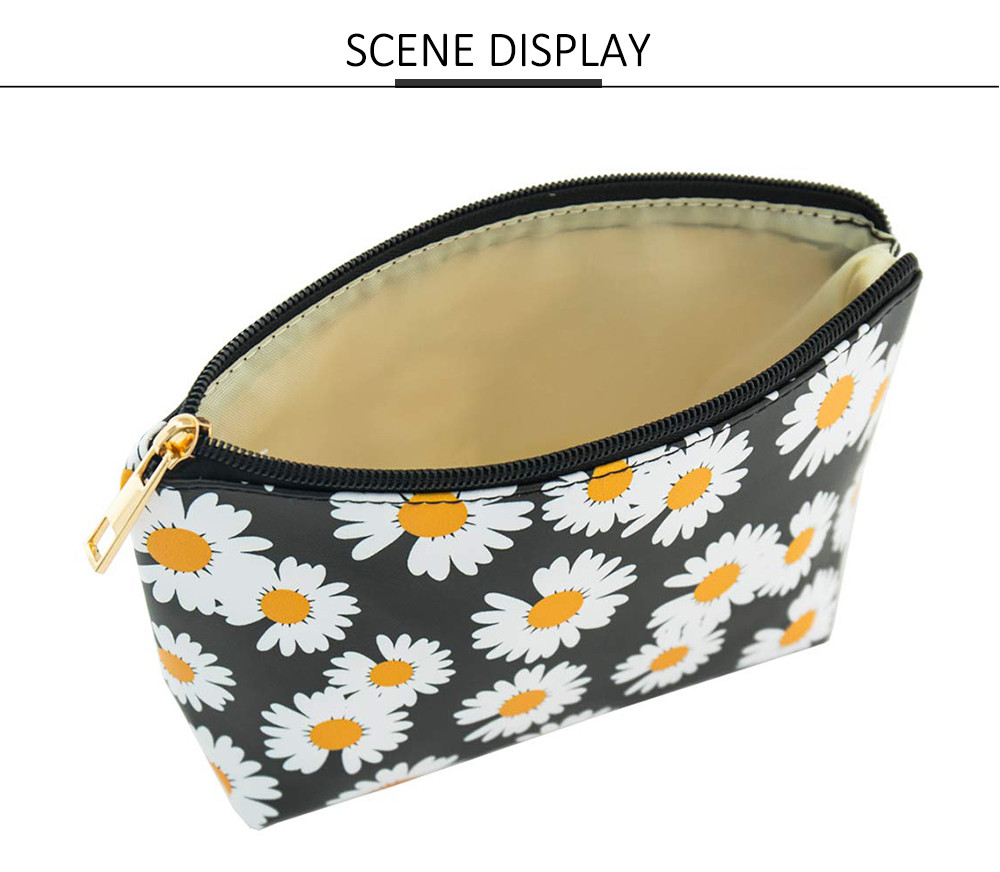 3 Pack Daisy Print PU Leather Cosmetic Bag Set For Women