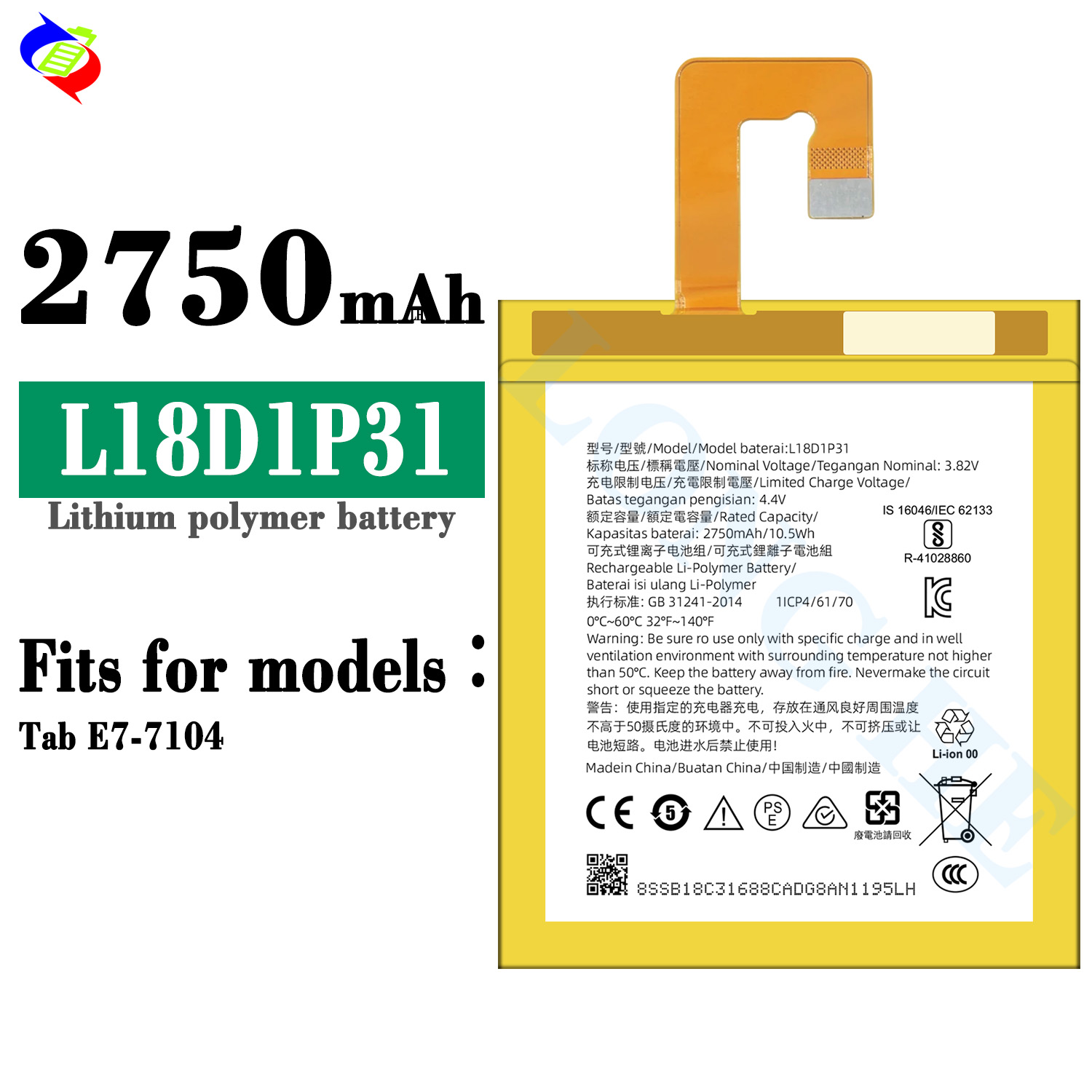 2750mAh Rechargeable Battery for Tab E7-7104 L18D1P31 Coding Double IC Protection
