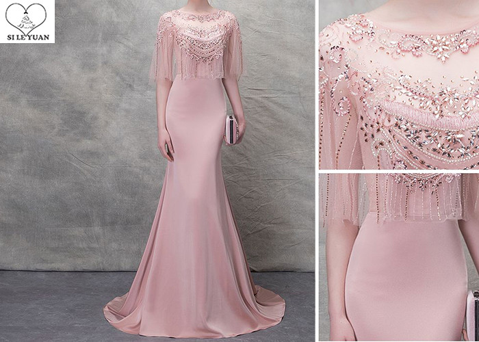 Unique Tulle Pink Mermaid Style Prom Dress Beading Bat Wing Sleeve Stretch Fabric