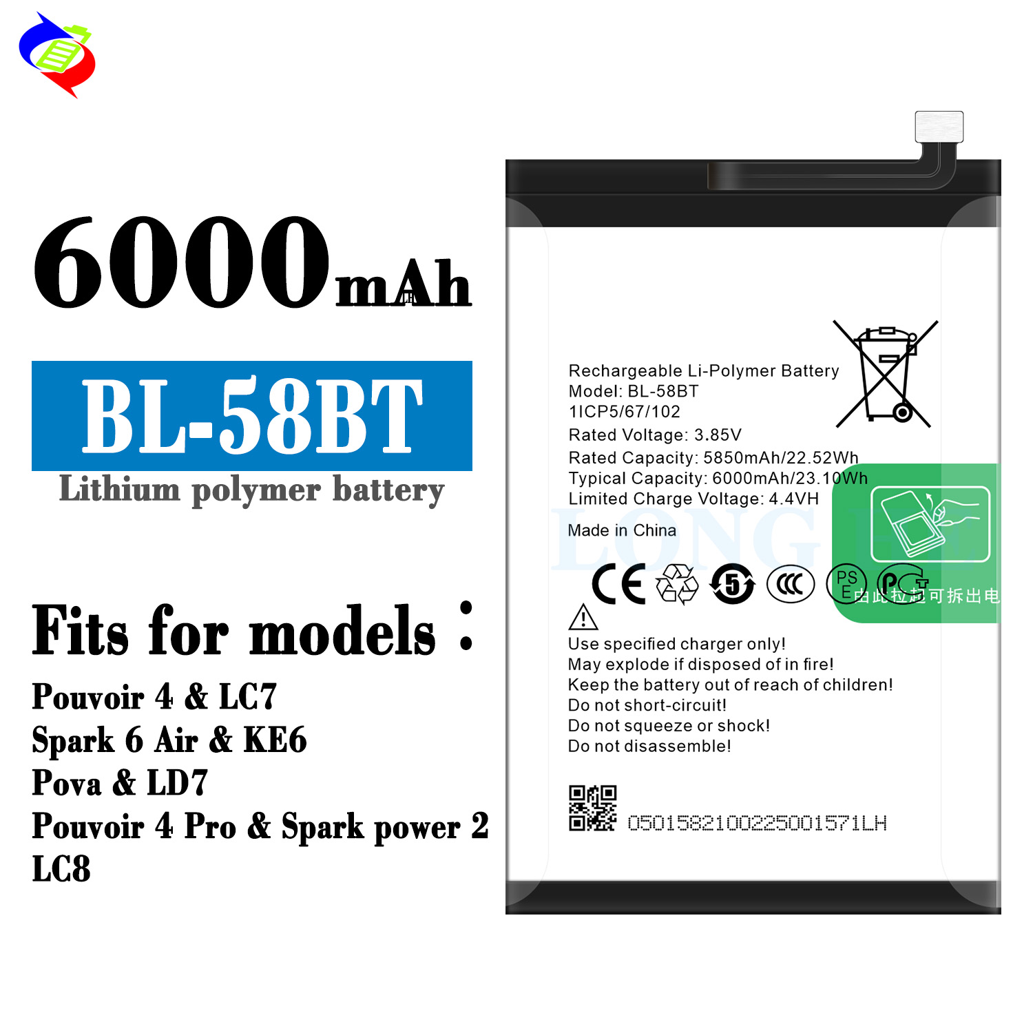 Tecno Pouvoir 4 Pro Battery RECHARGABLE 6000mAh BL-58BT LC8 Mobile Phone Battery