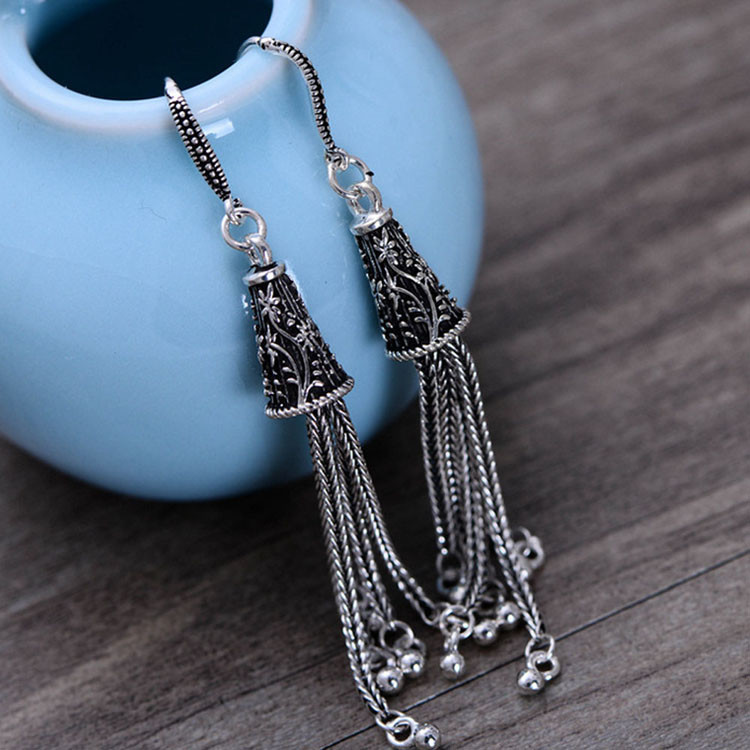 Retro Women Jewelry Black 925 Silver Tassels Drop Earrings(053715)