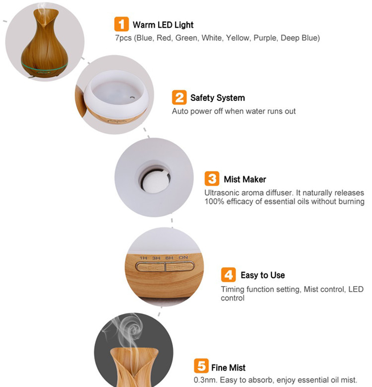 Ultrasonic Wood Grain 400ml Aroma Essential Oil Diffuser