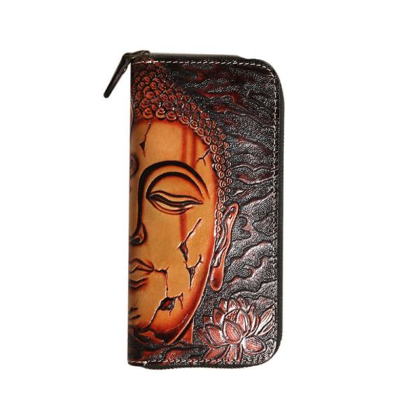 Buddha Demon Handmade Vegetable Tanned Cowhide Carved Japanese Wallet Genuine