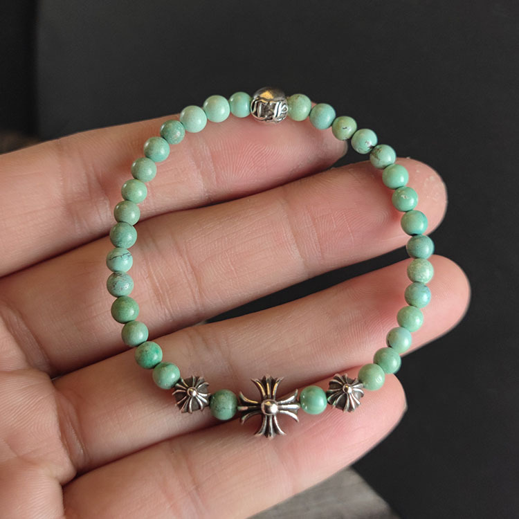 Natural Turquoise 10MM925 Silver Beads Bracelet Punk Hip-Hop European And American Trendy Personality Men And Women Kroro Silver Beads Bracelet Punk