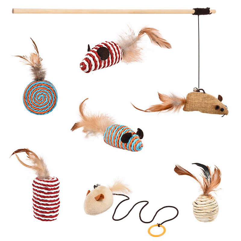 Cat Teaser Playing Cat Toys Interactive Set Wooden Gift Box 7pcs Cat Teaser Wand for Cats