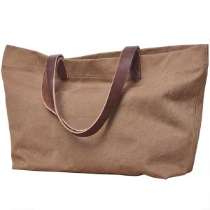 China Leather Shoulder Canvas Tote Bag Leather Handle Foldable Tote Bag on sale