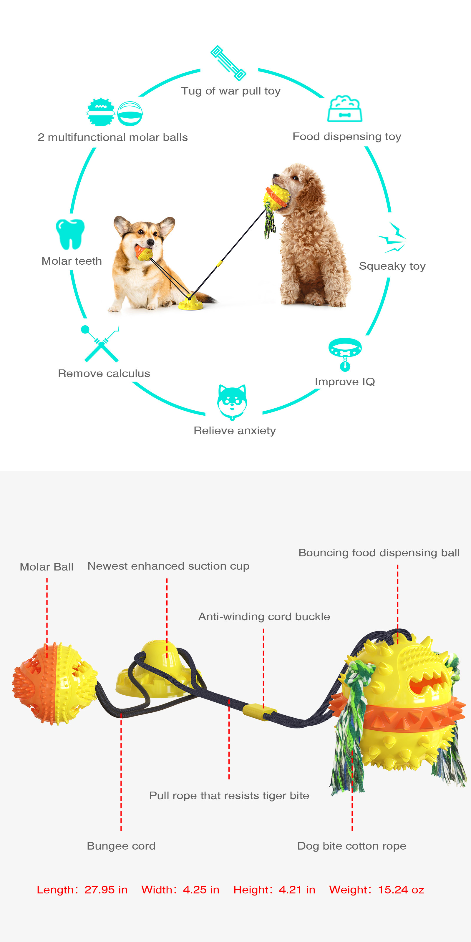 OEM Tug Of War Suction Dog Toy / Squeaky Dog Treat Ball Dispenser