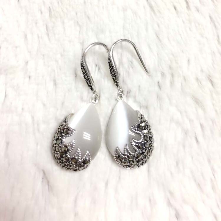 Vintage Sterling Silver with Opal Marcasite Dangle Drop Earrings(E12033WHITE)