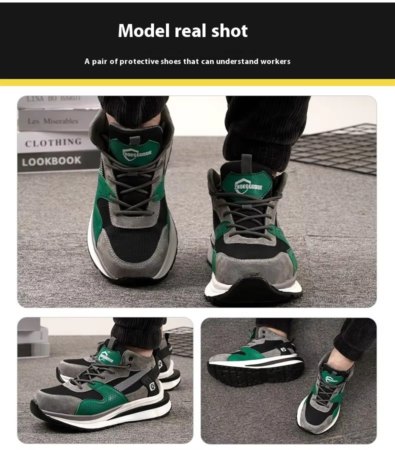 Steel Toe Mid-cut Pigskin And Flying Knit Safety Boots For OEM Security Work