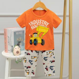 China Korean Kids Sleeping Suits Cartoon Excavator Shirt And Shorts Pajama Set on sale