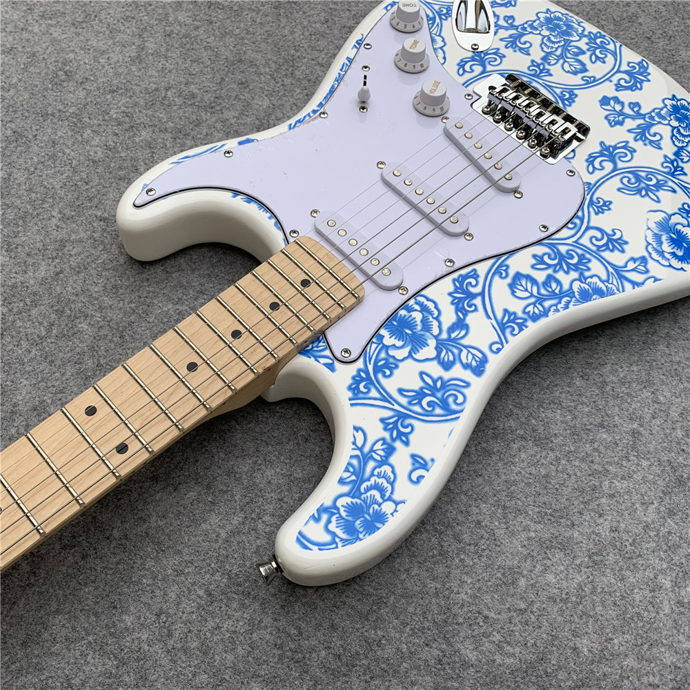 High Quality blue and white porcelain electric guitar white guitar birthday present free shipping