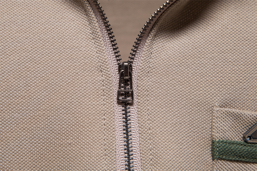 Spring Summer Men's Custom Polo Shirt with Two-Color Splicing and Zipper Front Design