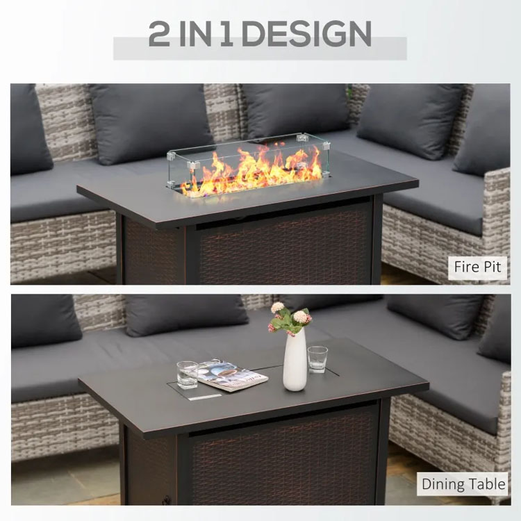 Outdoor Patio Garden Camping Fire Pit Table with Auto Ignition and Glass Wind Guard