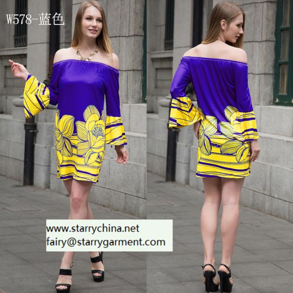 plus size rose printed ladies' short dress with off-shoulder bold color for