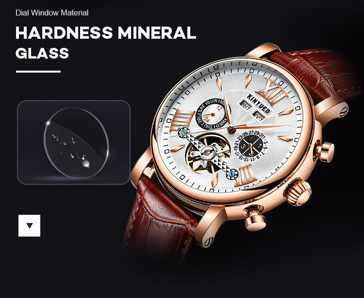KINYUED J017-4 Gold Case Black Dial Leather Strap Complete Calendar Skeleton Waterproof Wristwatches montre homme