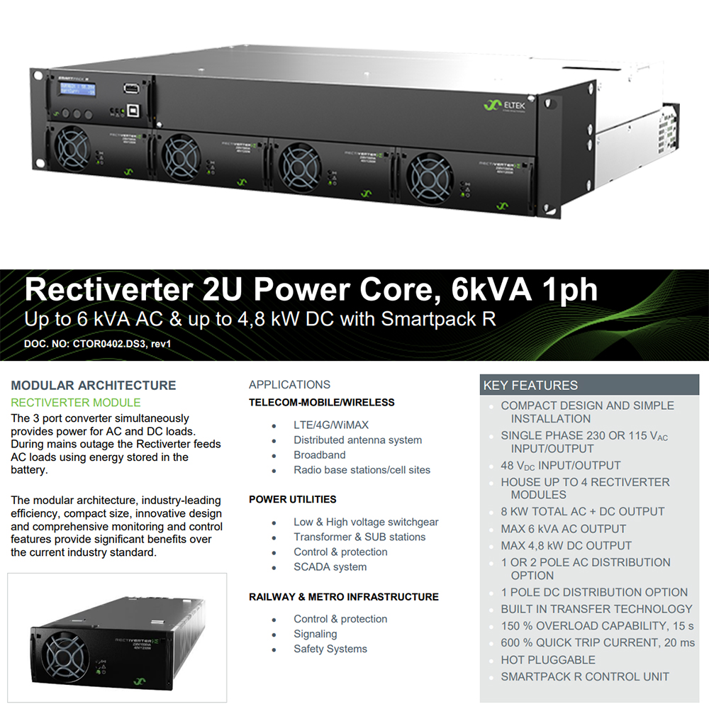 Rack Mount Eltek 4.8KW Power AC DC Rectiverter 2U Power Core 6kVA 1ph with Smartpack R controller (Part No. CTOR0402.1xx