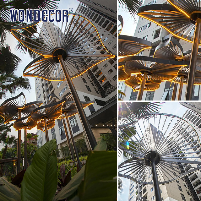 Large Stainless Steel Outdoor Sculpture Geometric Leaf Shaped Pavilion In Courtyard Square
