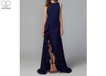 Navy Blue Long Bridesmaid Dresses High Slit Decorative Border Zipper Elastic