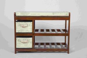 China Walnut Classical Modern Wood Furniture Shoe Storage Bench Seat With 2 Fabric Drawers factory