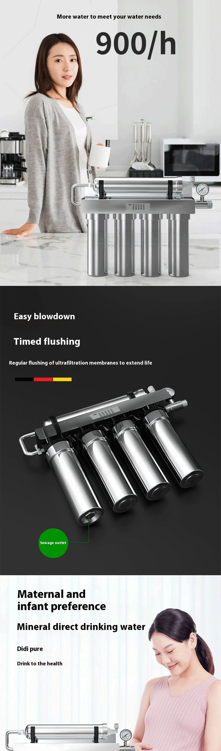 Five Stage Stainless Steel Water Purifier Household Hotel Water Output 900L/H