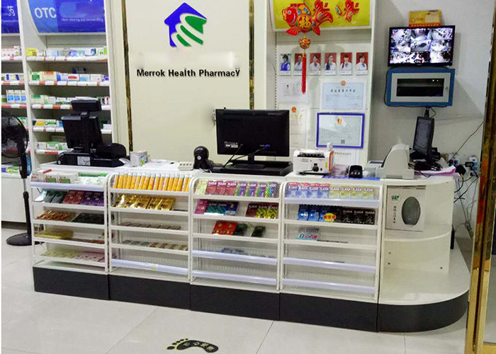 Wooden Chinese Pharmacy Store Display Cashier Drug Shelf Multi Functional Bar Counter