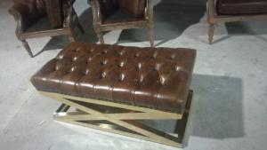 China Camel Distressed Genuine Leather Ottoman Coffee Table With Golden Metal Legs factory