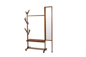 China Movable Soild Wood Coat Coat Hanger Stand With Turning Mirror / Shelves factory