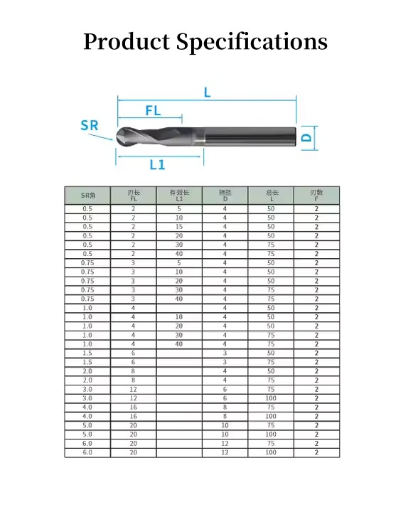 Versatile Metric Carbide Milling Cutter 2 Blade Ball Nose Graphite Endmill for Hard Steel Cutting Applications
