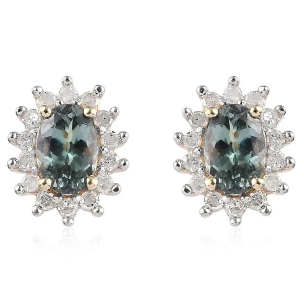 14K Yellow Gold Jewelry CZ Halo Oval Cut Premium Green Tanzanite Stud Earrings
