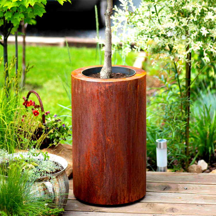 Large Rectangular Corten Steel Planter Box With Privacy Shielding Round Outdoor Metal Planter