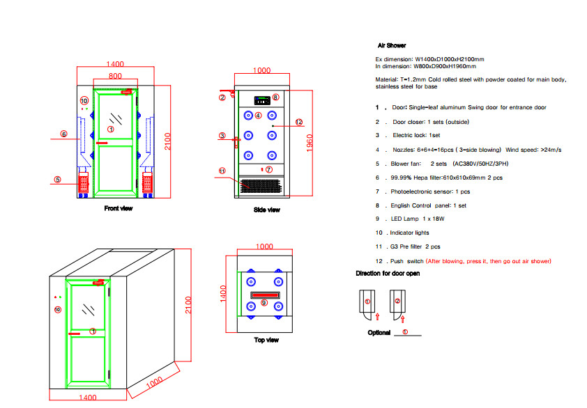Double Blowing Cleanroom Air Shower Single Aluminum Door W1400xD1000xH2100mm