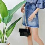 Washed Ladies Denim Pearls A Line Jean Skirt With Hole , Blue Jean Mini Skirt