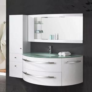 China Floating Cabinet Modern Bathroom Vanity In Green Glass Top White Glossy factory
