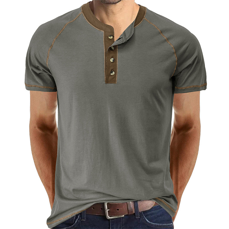 2023 Summer Europe and America Men&prime;s Short-Sleeved Men&prime;s T-Shirt Foreign Trade Men&prime;s Henry Shirt Amazon Match Color T-Shirt Men