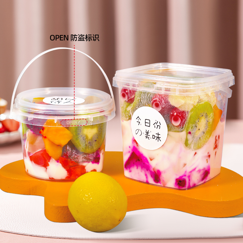 500ml Plastic Bucket For Ice Cream Fruit Salvage Container With Green Lid And Handle