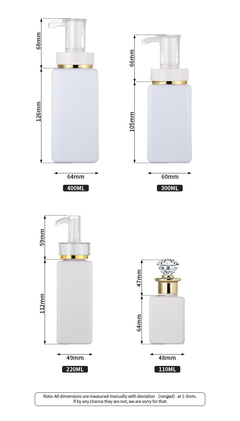 High Quality Luxury White Customize Square Shampoo Hair Lotion Bottle With Diamond Gold Rim Cap