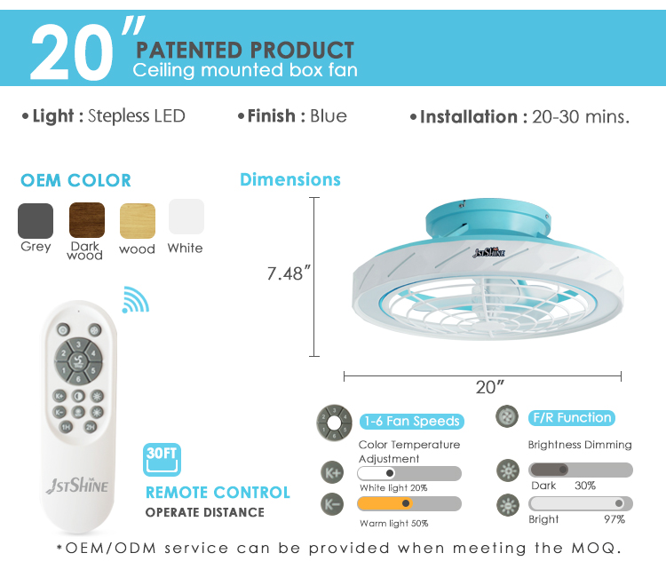 Remote Control LED Ceiling Fan 20" Flush Mount with Low Noise and 2- from 1stshine
